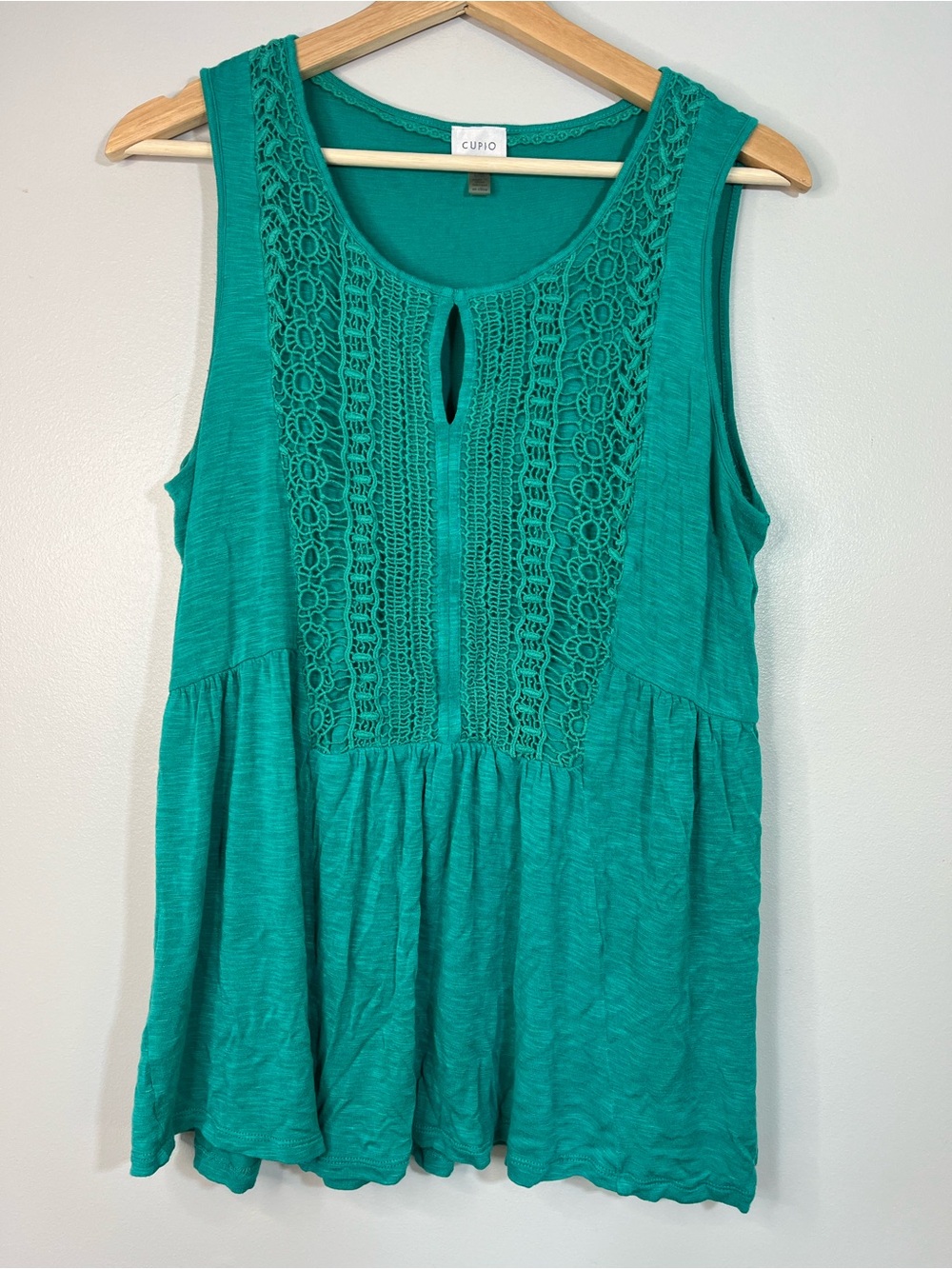Cupio Teal Green Boho Crochet-Front Lightweight Sleeveless Women’s Top Large